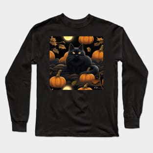 Black cat in pumpkin field at mid night Long Sleeve T-Shirt